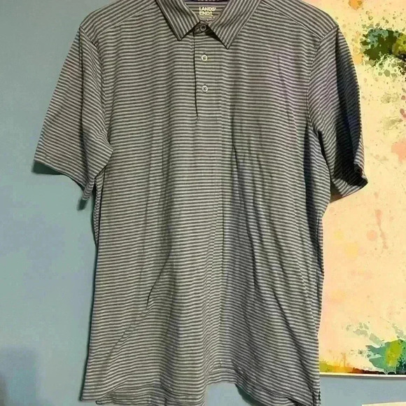 Lands End Mens Blue And White Striped 3 Button Polo. Size Large. - Picture 3 of 5